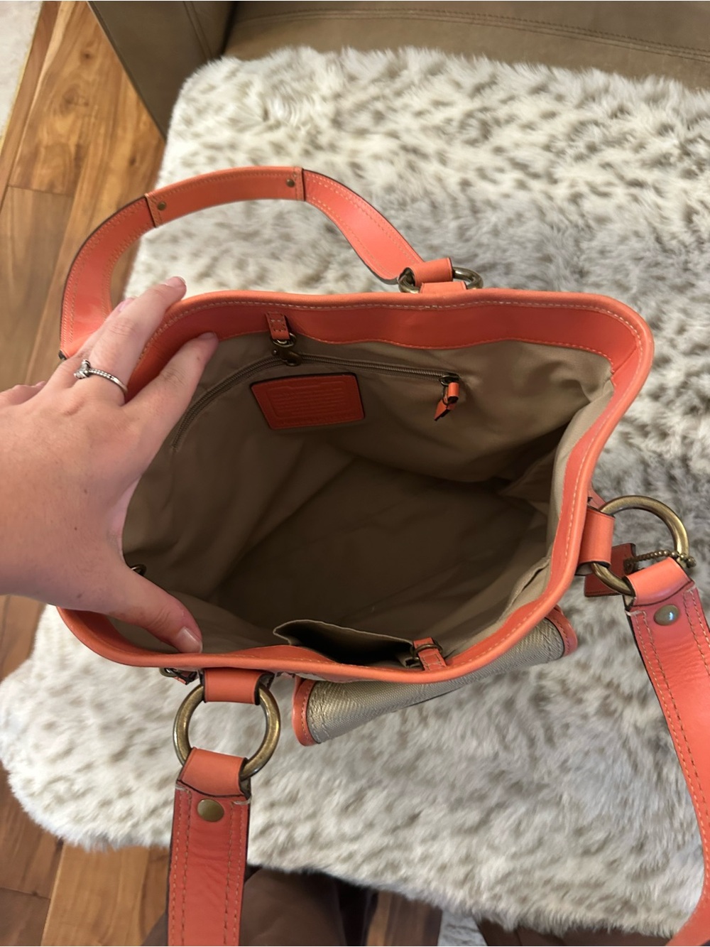 Coach GIGI LEGACY TOTE - Beige and Coral Leather-Trim - Picture 7 of 7